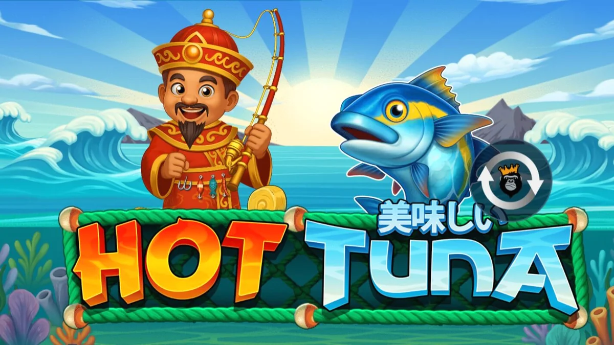 Pemandangan laut yang tenang dengan nelayan berjubah emas dalam slot Hot Tuna