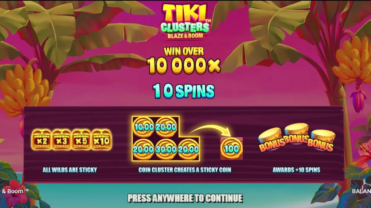 Tampilan visual slot Tiki Clusters Blaze & Boom dengan tema pulau tropis dan simbol Tiki yang ikonik.