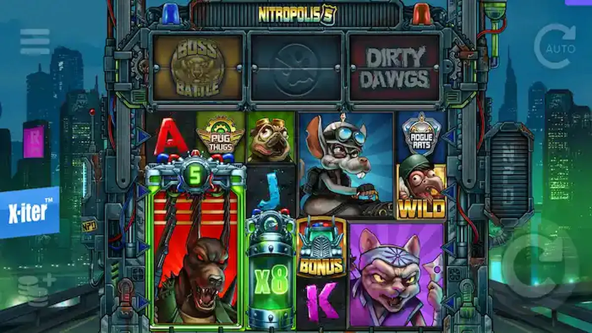 Tampilan visual aksi pertempuran klan hewan di slot Nitropolis 5