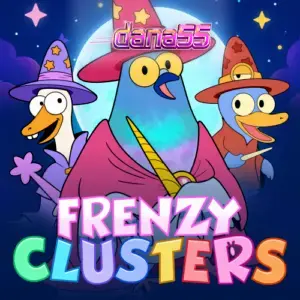 Tampilan antarmuka slot Frenzy Clusters dengan grid 7x7 yang penuh warna.